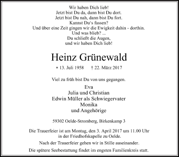 Traueranzeige von Heinz Grünewald von Die Glocke