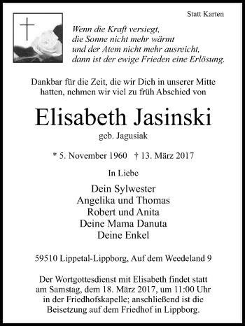 Traueranzeige von Elisabeth Jasinski von Die Glocke