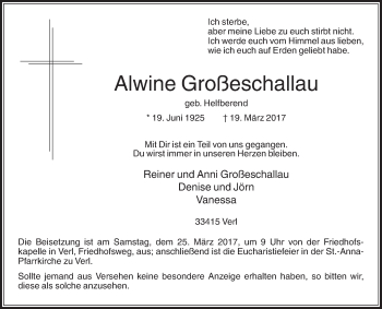Traueranzeige von Alwine Großeschallau von Die Glocke