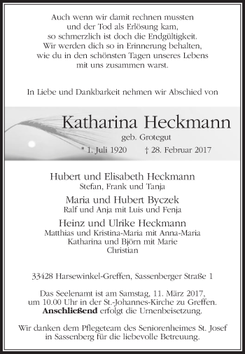 Traueranzeige von Katharina Heckmann von Die Glocke