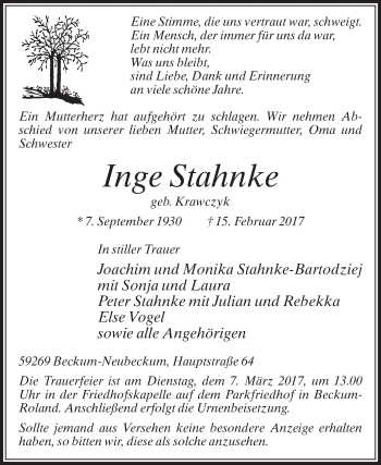 Traueranzeige von Inge Stahnke von Die Glocke