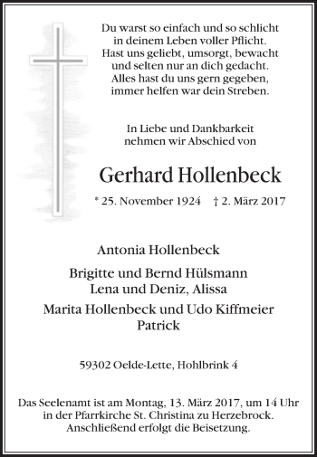 Traueranzeige von Gerhard Hollenbeck von Die Glocke