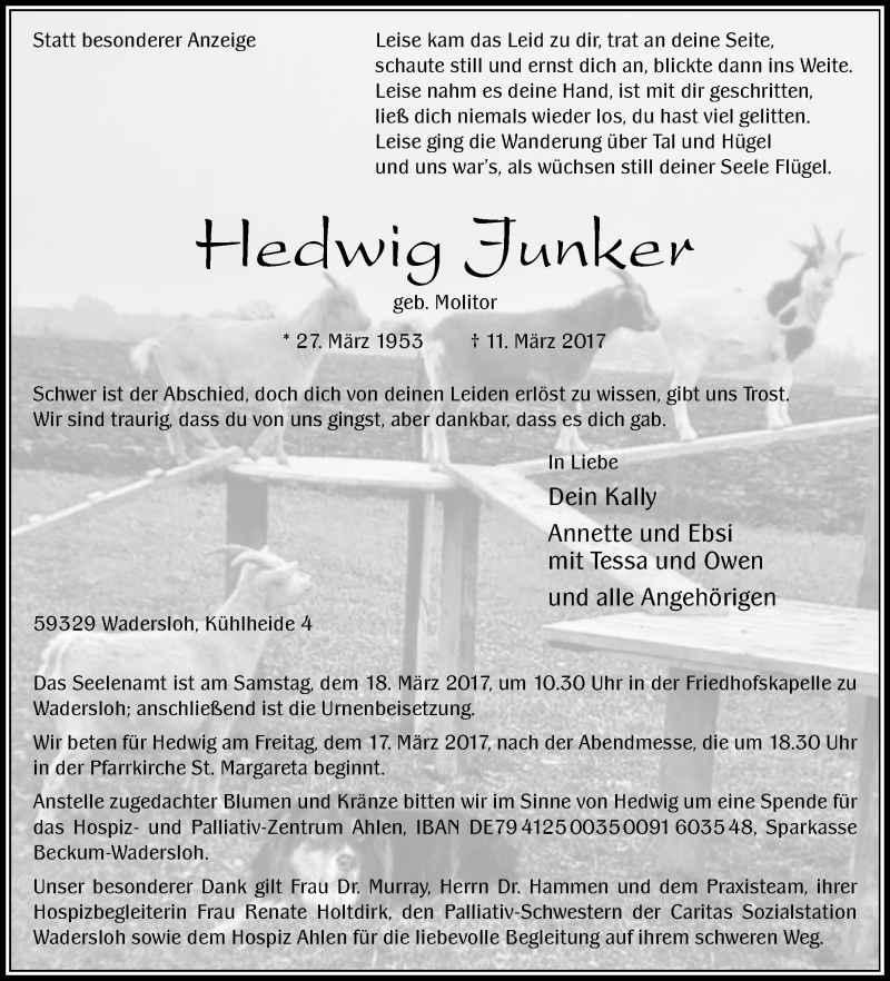  Traueranzeige für Hedwig Junker vom 15.03.2017 aus Die Glocke