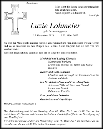 Traueranzeige von Luzie Lohmeier von Die Glocke