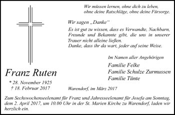 Traueranzeige von Franz Ruten von Die Glocke