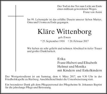 Traueranzeige von Kläre Wittenborg von Die Glocke