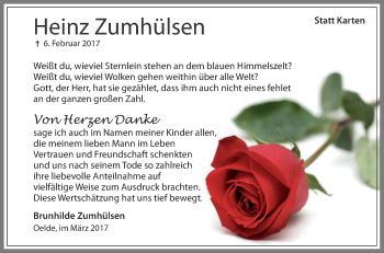 Traueranzeige von Heinz Zumhülsen von Die Glocke