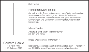 Traueranzeige von Gerhard Daake von Die Glocke