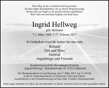 Traueranzeige von Ingrid Hellweg von Die Glocke