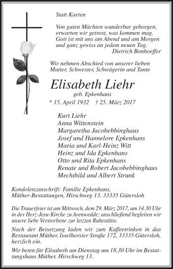 Traueranzeige von Elisabeth Liehr von Die Glocke