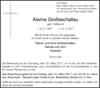 Traueranzeige von Alwine Großeschallau von Die Glocke