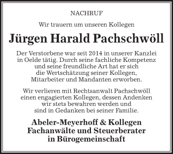 Traueranzeige von Jürgen Harald Pachschwöll von Die Glocke