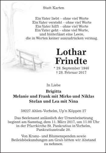 Traueranzeige von Lothar Frindte von Die Glocke