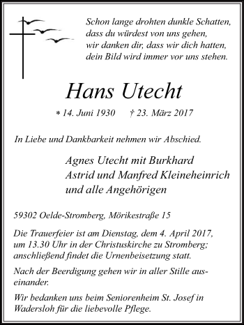 Traueranzeige von Hans Utecht von Die Glocke