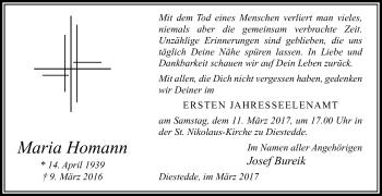 Traueranzeige von Maria Homann von Die Glocke