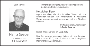 Traueranzeige von Heinz Seeber von Die Glocke