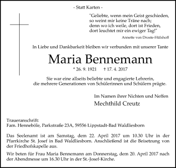 Traueranzeige von Maria Bennemann von Die Glocke