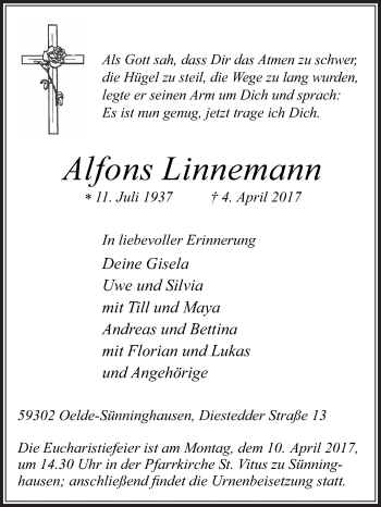 Traueranzeige von Alfons Linnemann von Die Glocke