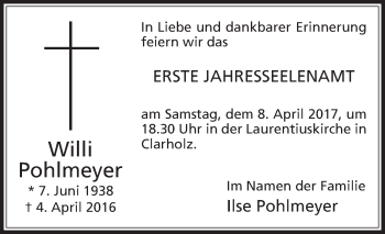 Traueranzeige von Willi Pohlmeyer von Die Glocke