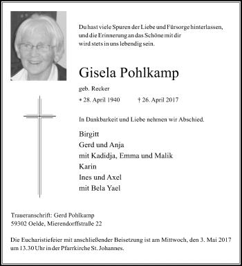 Traueranzeige von Gisela Pohlkamp von Die Glocke
