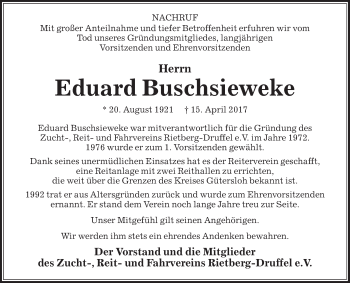 Traueranzeige von Eduard Buschsieweke von Glocke Trauer