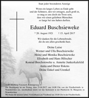 Traueranzeige von Eduard Buschsieweke von Die Glocke