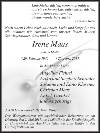 Traueranzeige von Irene Maas von Die Glocke
