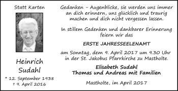 Traueranzeige von Heinrich und Sudahl von Die Glocke