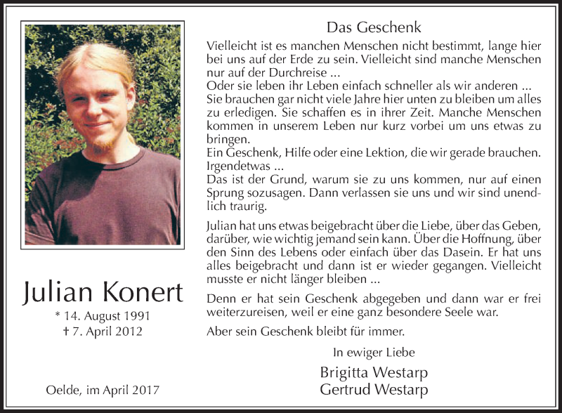  Traueranzeige für Julian Konert vom 08.04.2017 aus Die Glocke