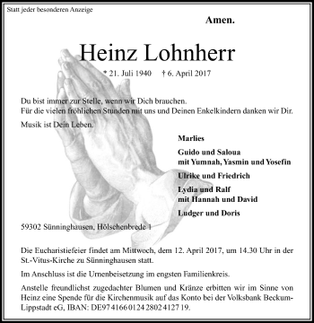 Traueranzeige von Heinz Lohnherr von Die Glocke