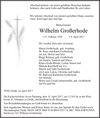 Traueranzeige von Wilhelm Großerhode von Die Glocke