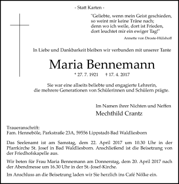 Traueranzeige von Maria Bennemann von Glocke Trauer