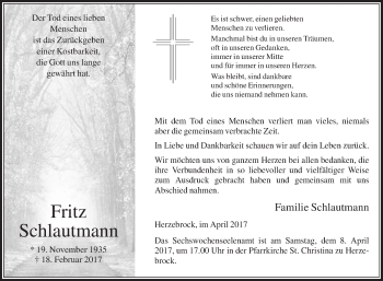 Traueranzeige von Fritz Schlautmann von Die Glocke