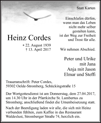 Traueranzeige von Heinz Cordes von Die Glocke