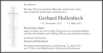 Traueranzeige von Gerhard Hollenbeck von Die Glocke