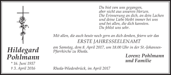 Traueranzeige von Hildegard Pohlmann von Die Glocke