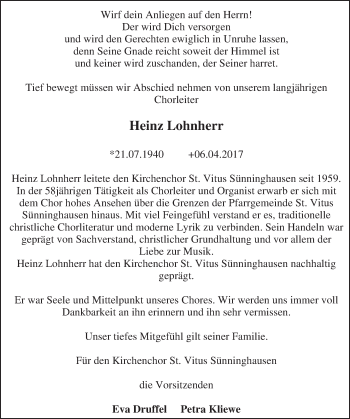 Traueranzeige von Heinz Lohnherr von Die Glocke