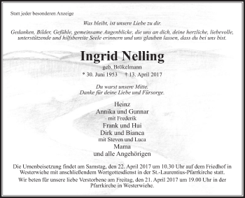 Traueranzeige von Ingrid Nelling von Glocke Trauer