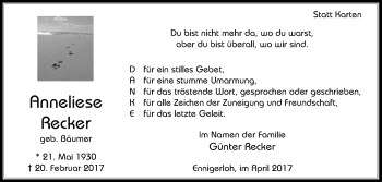 Traueranzeige von Anneliese Recker von Die Glocke