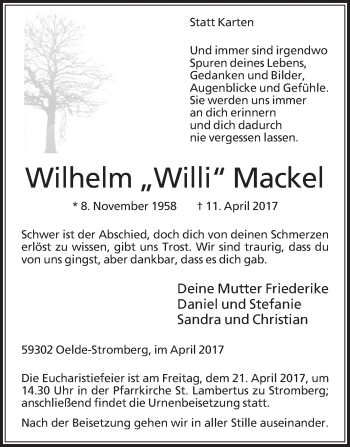 Traueranzeige von Wilhelm Willi Mackel von Die Glocke