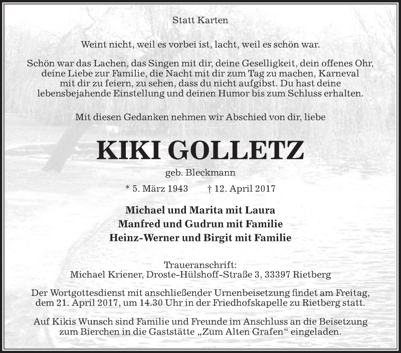  Traueranzeige für Kiki Golletz vom 18.04.2017 aus Die Glocke
