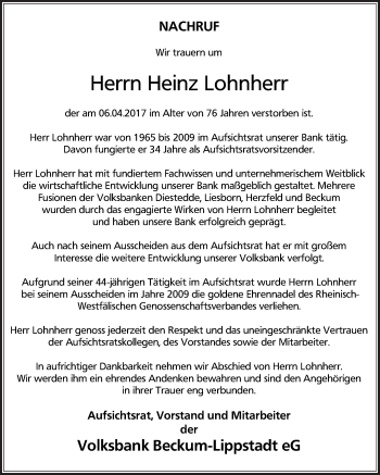 Traueranzeige von Heinz Lohnherr von Glocke Trauer