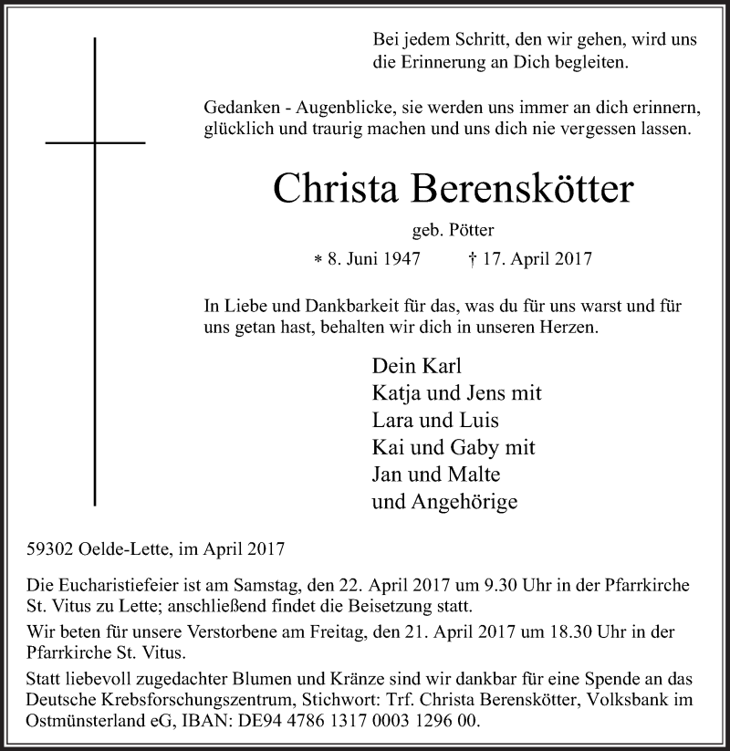  Traueranzeige für Christa Berenskötter vom 19.04.2017 aus Glocke Trauer