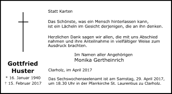 Traueranzeige von Gottfried Huster von Die Glocke