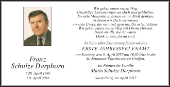 Traueranzeige von Franz Schulze Darphorn von Die Glocke