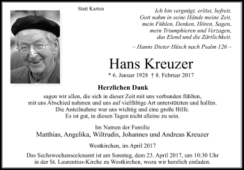 Traueranzeige von Hans Kreuzer von Die Glocke