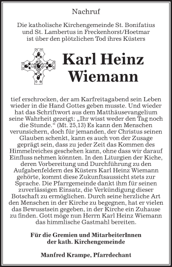Traueranzeige von Karl Heinz Wiemann von Die Glocke