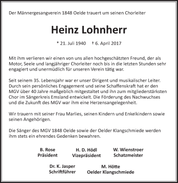 Traueranzeige von Heinz Lohnherr von Die Glocke