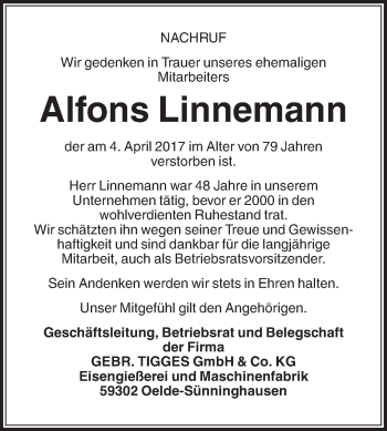 Traueranzeige von Alfons Linnemann von Die Glocke