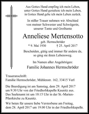 Traueranzeige von Anneliese Mertensotto von Die Glocke